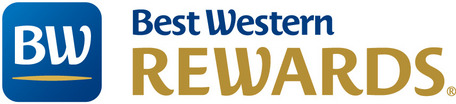 Logo von Best Western Rewards mit blauem Quadrat und weißem „Best Western“-Schriftzug, daneben „REWARDS“ in goldener Schrift.